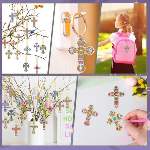 Vista 6 de Inbagi 15 piezas de llaveros de pintura de diamante con cruz de Pascua, 5D, bricolaje, cruz de diamante, llaveros colgantes para regalos de fiesta
