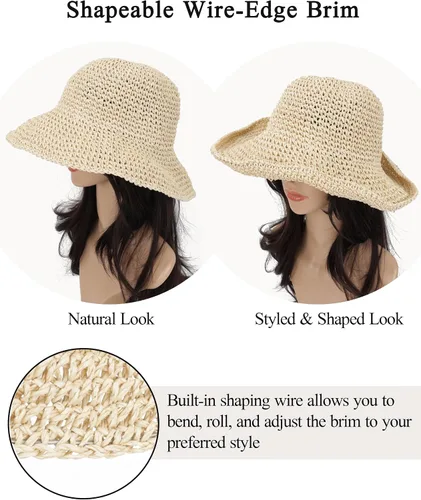 Vista 3 de Sombrero de paja para mujer, plegable, plegable, de ala ancha, para verano, playa, sombrero de ganchillo