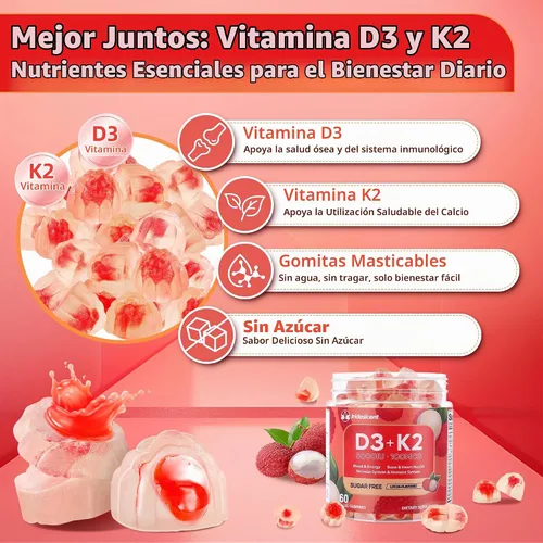 Vista 4 de Gomitas de vitamina D3 K2 con magnesio sin azúcar, 60 unidades Vitamina D3 5,000 UI + K2 (MK-7) 100 mcg - Suplemento de vitamina K2 D3 vegano