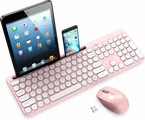 Vista 7 de LeadsaiL - Juego de teclado y mouse inalámbricos de tamaño completo, teclado ergonómico para computadora con soporte para teléfono y tableta, juego