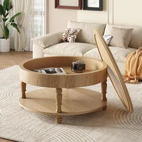 Vista 11 de TesNus Mesa auxiliar redonda de 31.5 pulgadas con almacenamiento, mesa de centro de madera moderna para sala de estar, mesa central pequeña