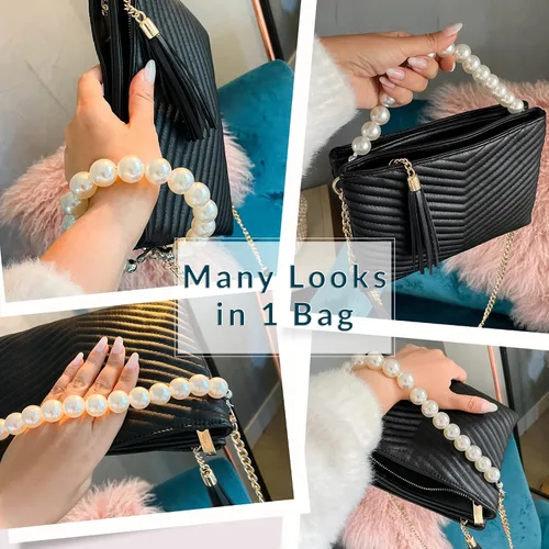 Vista 3 de Before Ever Bolsos de mano de pulsera de doble bolsa para mujer bolso de mano grande de noche con cruzado de perlas blancas