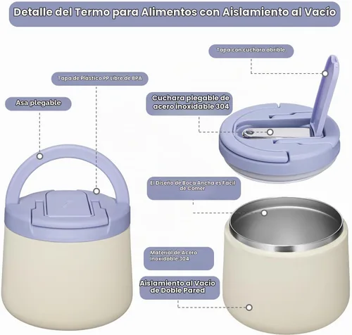 Vista 2 de Tarro aislado al vacío de 14 onzas con tapa de hebilla, termo de sopa para niños de comida caliente, boca ancha, a prueba de fugas, de acero