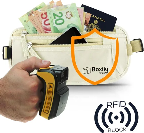 Vista 8 de Boxiki Travel - Cinturón de dinero para viajes para hombres y mujeres oculto, cinturón de dinero con bloqueo RFID y bolsa de cintura segura