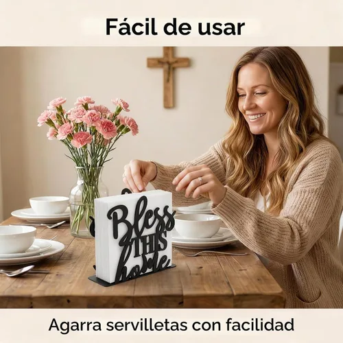 Vista 4 de Paquete de 2 servilletas Bless This Home para mesa, modernos soportes de metal negro para cocina, mesas de comedor y encimeras, dispensador