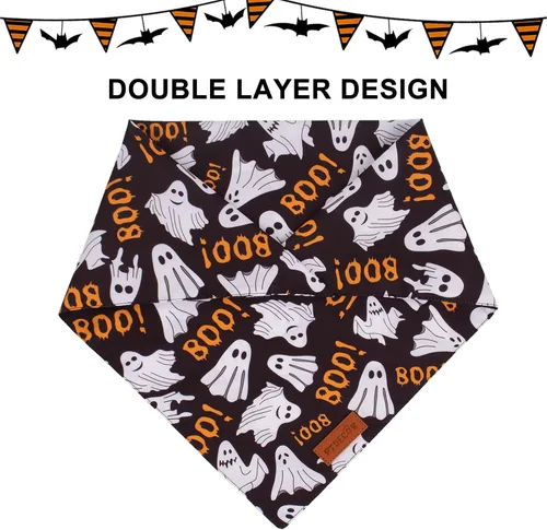 Vista 5 de PTDECOR Bandana de Halloween para perro, bufanda festiva reversible para mascotas, varios tamaños, bandanas triangulares de Halloween para cachorros