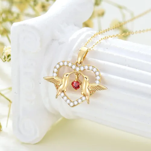 Vista 3 de Collar de corazón de oro de 14 quilates para mujer, collar con dije de corazón de colibrí de oro amarillo real con rubí bailarín, para niñas, damas