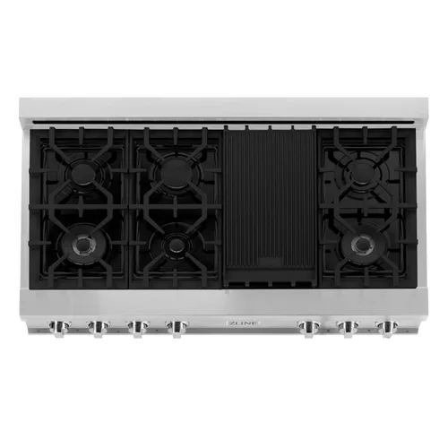 Vista 3 de ZLINE - Cocina de gas Legacy de 48 pulgadas con 7 quemadores y placa de cocina de porcelana en acero inoxidable (RT48)