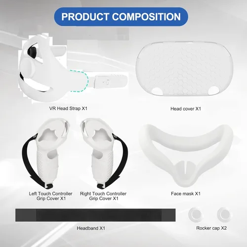 Vista 2 de MASiKEN Accesorios 6 en 1 para Oculus Quest 2 kits de repuesto de correa para la cabeza carcasa de realidad virtual cubierta de controladores