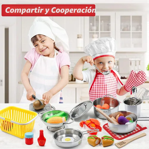 Vista 3 de Juego de accesorios de cocina para niños, juego de 32 artículos de ollas y sartenes de acero inoxidable con organizador de estante, utensilios