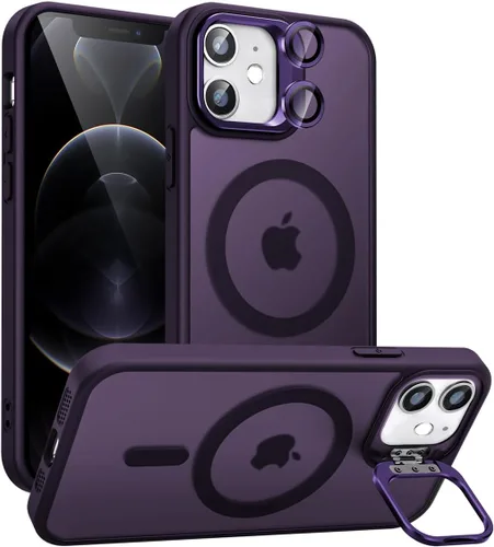 Vista 28 de Funda magnética para iPhone 11 con soporte, compatible con Magsafe, protección militar y protector de lente de cámara, funda translúcida mate