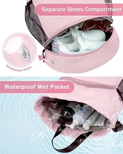 Vista 2 de Mochila de gimnasio con cordón y compartimento para zapatos para hombres y mujeres, bolsa deportiva de cuerda con bolsillo húmedo, bolsa de playa