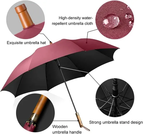 Vista 2 de Paraguas grande con mango de madera para lluvia, paraguas de golf abierto automático, resistente al viento, 54 pulgadas, elegante paraguas