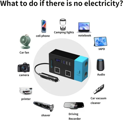Vista 4 de Inversores de corriente de 300 W, convertidor de 12 V CC a 110 V CA para vehículos, 2 salidas de CA, 1 USB 2.4 A, 1 USB-C de 25 W, 2 adaptadores