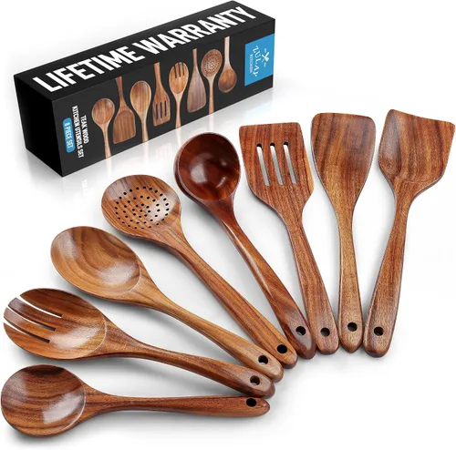 Vista 21 de Zulay Kitchen Juego de 5 cucharas de madera extragrandes - Utensilios de cocina de teca lisa - Cucharón, espátula, espumadera, tenedor, cuchara