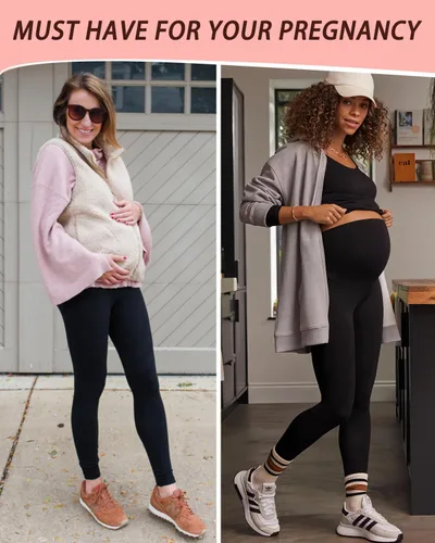 Vista 2 de Paquete de 2 leggings de maternidad sobre el vientre, pantalones de yoga para embarazo, suaves, no se transparentan, leggings de entrenamiento
