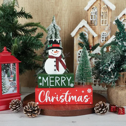 Vista 4 de Decoraciones de Navidad para interiores, muñeco de nieve de madera, mesa de Navidad para el hogar, centros de mesa de Navidad, centros de mesa