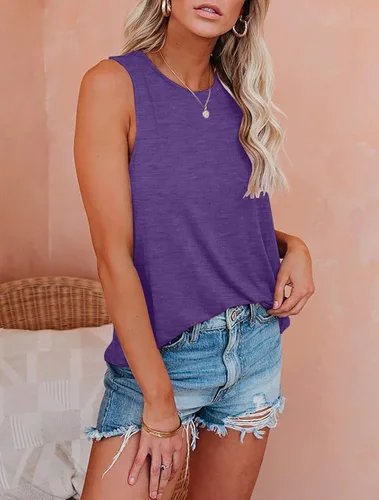 Vista 2 de Bliwov Camiseta sin mangas para mujer, cuello redondo, ajuste holgado, básica, color sólido, informal, para verano