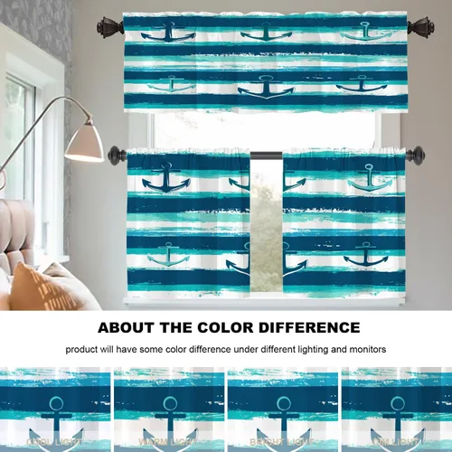 Vista 6 de Maritime Ocean Blackout Tier Curtains, Anchors Nautical Art Half Window Drapes for Kitchen with Rod Pocket,Room Darkening 2 Pack 26X24 Inches