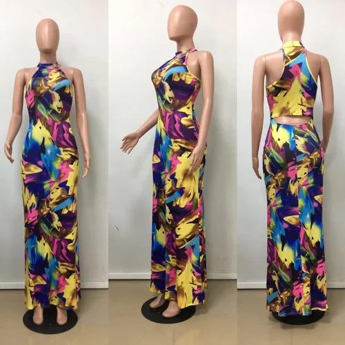 Vista 5 de Vestido largo para mujer, sin mangas, con cuello halter y abertura en la espalda, estampado floral y vintage, para fiestas, la playa y para la noche.