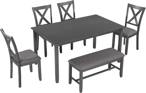 Vista 36 de Juego de mesa de comedor vintage de 6 piezas, juego de mesa de comedor de cocina de madera maciza con 4 sillas ergonómicas acolchadas y banco, mesa