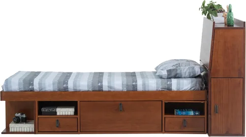 Vista 4 de Memomad Bali Set: Plataforma de almacenamiento con cajones + Cabecera con estantería (Tamaño individual, madera color marrón caramelo)