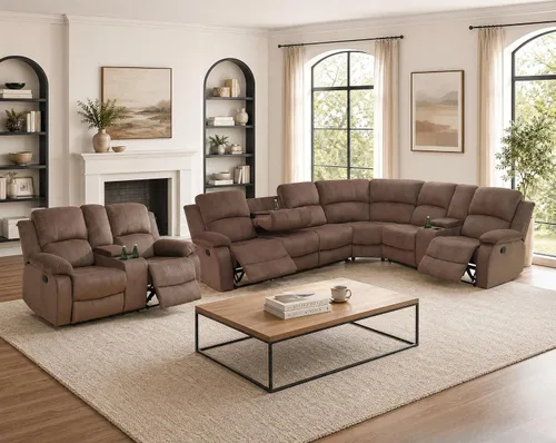 Vista 19 de Juego de sofá seccional reclinable manual, juegos de muebles de sala de estar de cuero regenerado en forma de L, sofá de esquina seccional