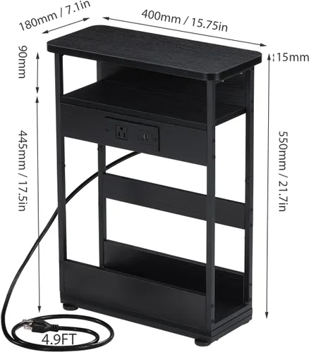 Vista 3 de YEAKOO Mesa auxiliar estrecha con estación de carga, mesa auxiliar de 3 niveles con 2 puertos USB y tomas de corriente, mesa auxiliar delgada