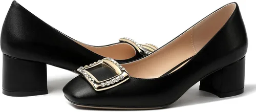 Vista 6 de MERRORI Zapatos de tacón bajo y grueso con punta cuadrada mate para mujer, de 2 pulgadas