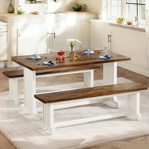 Vista 2 de Tribesigns Juego de mesa de comedor pequeña de 47 pulgadas para 2, mesa de cocina de 3 piezas con 2 bancos, muebles de cena de madera de granja