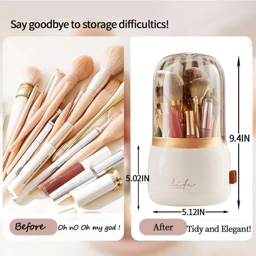 Vista 2 de Organizador de brochas de maquillaje rosa con tapa giratoria de 360 grados [2023] Organizador de brochas de cosméticos transparente para tocador