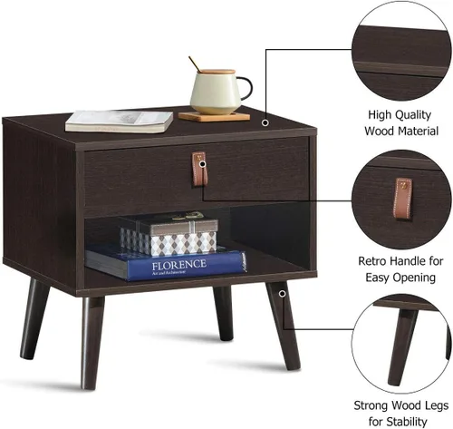 Vista 4 de Mesa auxiliar multifunción estilo mediados de siglo, mesa auxiliar para sofá, mesita de noche con estante de cajón, resistente y duradera