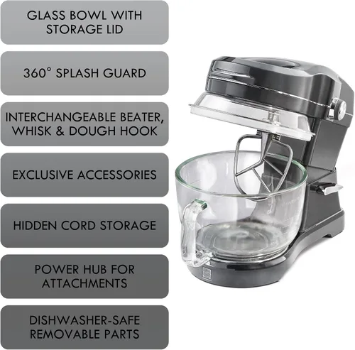 Vista 4 de Kenmore Ovation - Batidora eléctrica de pie de 500 W, cabezal inclinable de 10 velocidades, con cuenco de vidrio de 5 cuartos de galón, protector