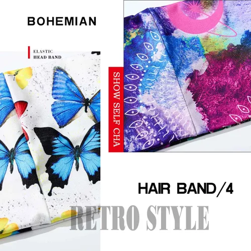 Vista 7 de Olbye Diademas anchas bohemias para la cabeza, bandas elásticas con botón de mariposa, bandana, yoga, correr, atlético, turbante, bandas