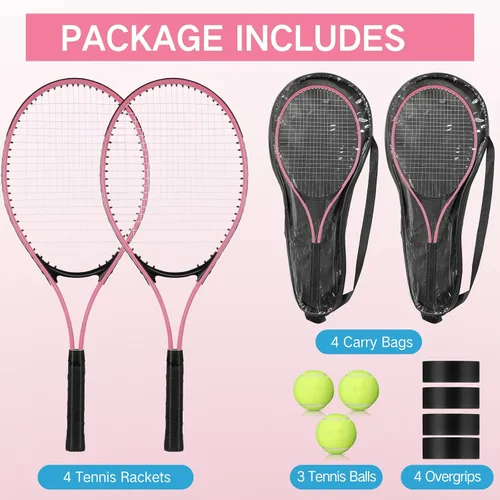 Vista 2 de 4 raquetas de tenis para adultos recreativas para 4 jugadores, raqueta de tenis ligera de 27 pulgadas con 3 pelotas de tenis para entrenar