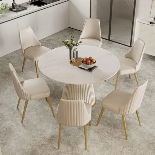 Vista 5 de LITFAD Mesa de comedor redonda de estilo moderno, mesa de restaurante de piedra blanca con base de pedestal Simplicity comedor muebles