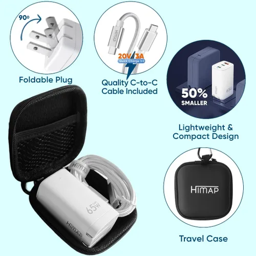 Vista 4 de Cargador USB C de 65 W, GaN Pro PD de carga rápida, plegable, 3 puertos compatibles con iPhone 15, 14 Pro, MacBook, Samsung, laptop, dispositivos