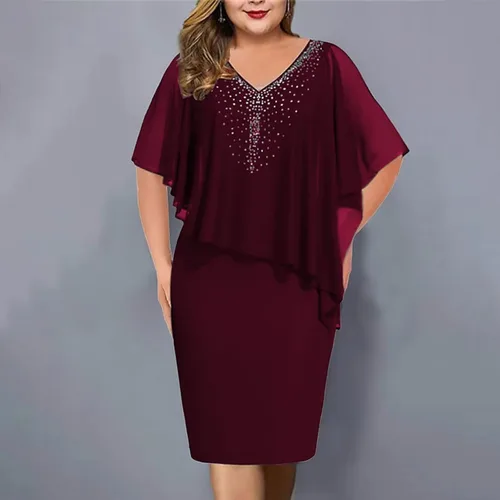 Vista 2 de Vestido de capa para mujer, talla grande, con cuello en V y diamantes de imitación, superposición de gasa, vestido de tubo bodycon para boda, cóctel