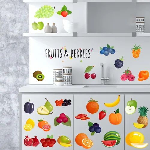 Vista 5 de Linda calcomanía de pared de frutas de dibujos animados DIY cocina verduras verdes verduras verdes sandía zanahoria berenjena cereza naranja