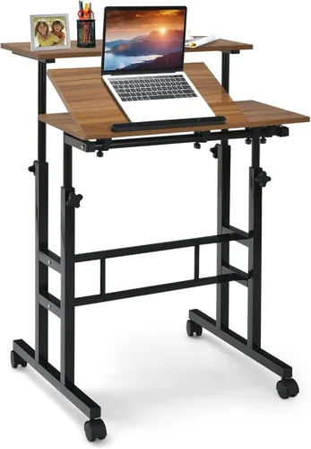 Vista 10 de COSTWAY Escritorio móvil de pie, carrito para laptop con escritorio abatible, mesa sobre la cama con ruedas, escritorio de computadora para estar