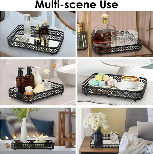 Vista 7 de ELLDOO - Bandeja negra para perfumes y maquillaje, bandeja de joyería con talla hueca, organizador de vidrio y metal para baratijas para cómoda
