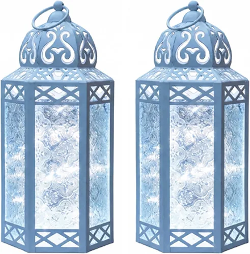 Vista 36 de VELA LANTERNS Juego de 2 portavelas decorativos de LED con luces de hadas de 12" de metal marroquí para colgar o mesa, decoración del hogar