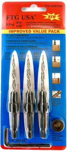Vista 13 de FTG USA Juego de 12 brocas avellanadoras #4 (7/64") para madera con broca cónica ounter sink drill bit for wood 12pc #4, 2 depth stop collars