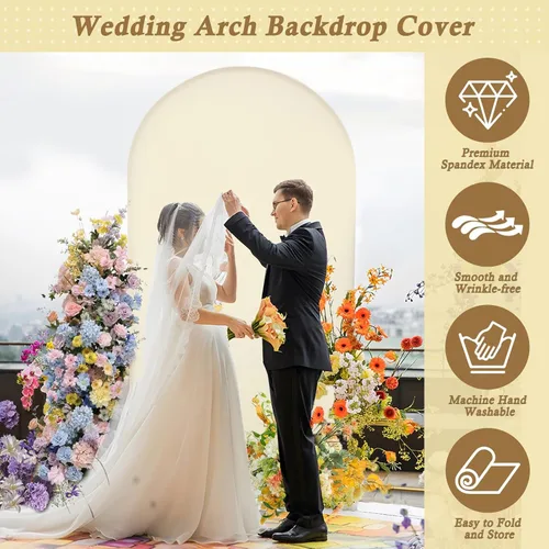 Vista 3 de Cubierta de fondo de arco de 7.2 pies, cubierta de arco de elastano beige, cubierta de soporte elástica con herramientas de atar globos para boda