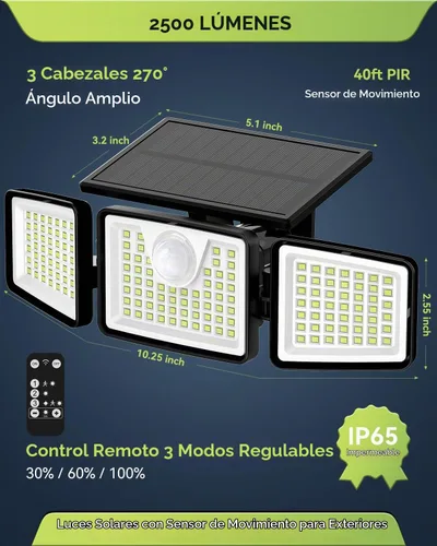 Vista 2 de Daphino - Luces solares para exteriores de 2500 lm con sensor de movimiento, luces de calle de 3 cabezales con ángulo amplio de 270°, iluminación