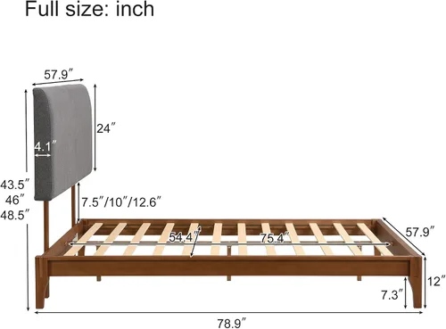 Vista 2 de Harper & Bright Designs Marco de cama de plataforma de bambú de tamaño matrimonial, cama de plataforma de madera de bajo perfil con cabecero, sin