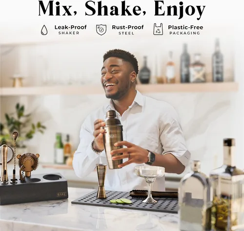 Vista 3 de Mixology Bartender Kit Bar Set Juego de coctelera de 14 piezas Herramientas de mezcla de Martini Barware para el hogar Incluye 35 tarjetas