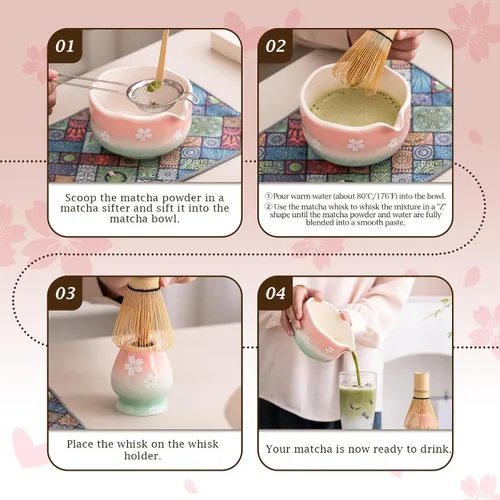 Vista 7 de Juego de batidor de matcha Cherry Blossom de 7 piezas con cuenco de matcha Cereza