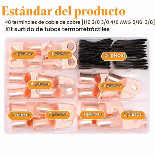 Vista 2 de 48 piezas de conectores de terminal de batería, extremos de cable, lengüetas de anillo de alambre de cobre con tubo termorretráctil de calibre AWG
