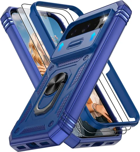 Vista 109 de Gritup Funda para Google Pixel 6 con cubierta deslizante para cámara y protector de pantalla (2 unidades), soporte de anillo giratorio 360°, funda